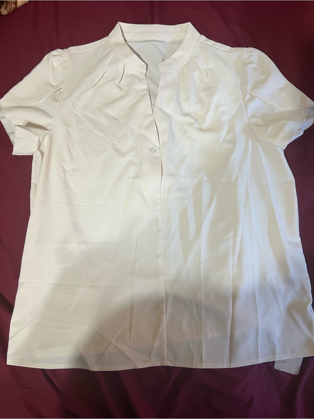 White Short-Sleeve Band-Collar Blouse